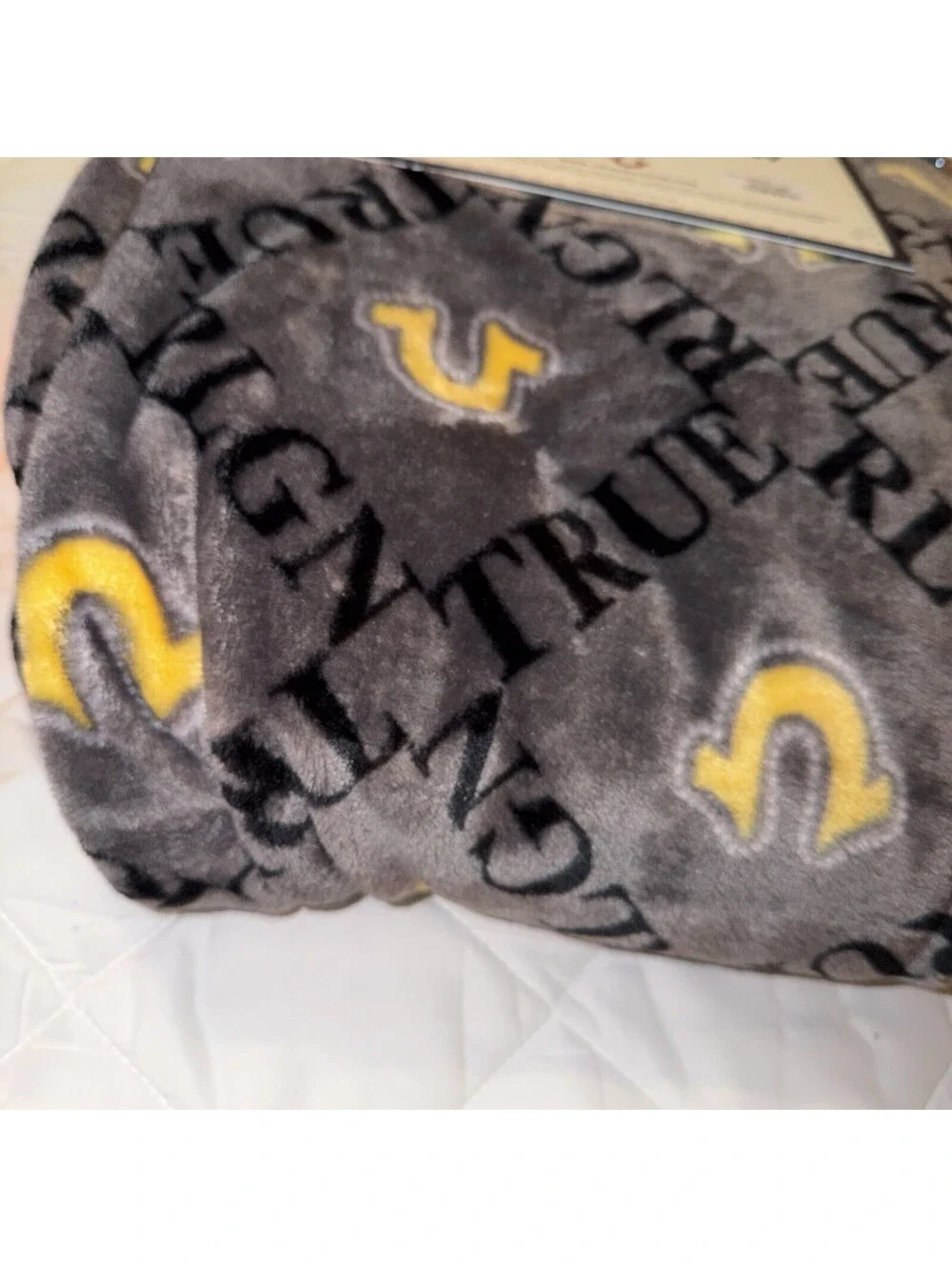 True Religion Oversized Plush Throw Blanket 60x70 in gray w/ yellow blk Graphics